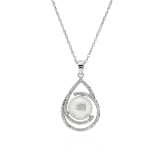 Freshwater Button Pearl Pendant with Swirl Diamond Halo in 14k White Gold
