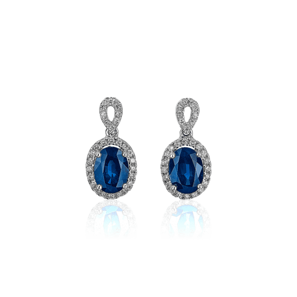 Oval Sapphire and Diamond Halo Drop Earrings in 14k White Gold