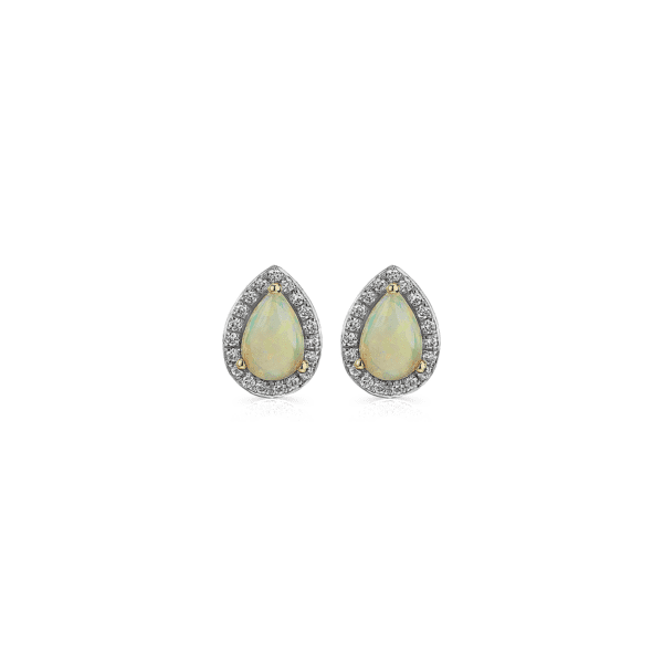 Opal and Diamond Halo Stud Earrings in 14k Yellow Gold 6x4mm