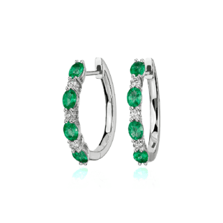Alternating Oval Emerald and Round Diamond Small Hoop Earrings in 14k White Gold