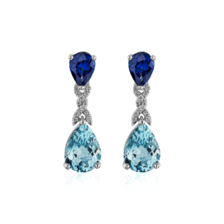 Pear Shaped Aquamarine and Sapphire Drop Earrings in 18 White Gold