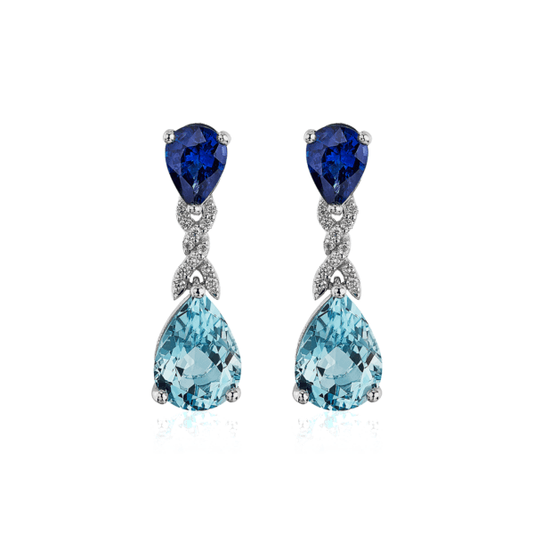 Pear Shaped Aquamarine and Sapphire Drop Earrings in 18 White Gold