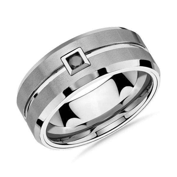 Single Black Diamond Wedding Ring in White Tungsten Carbide (9 mm