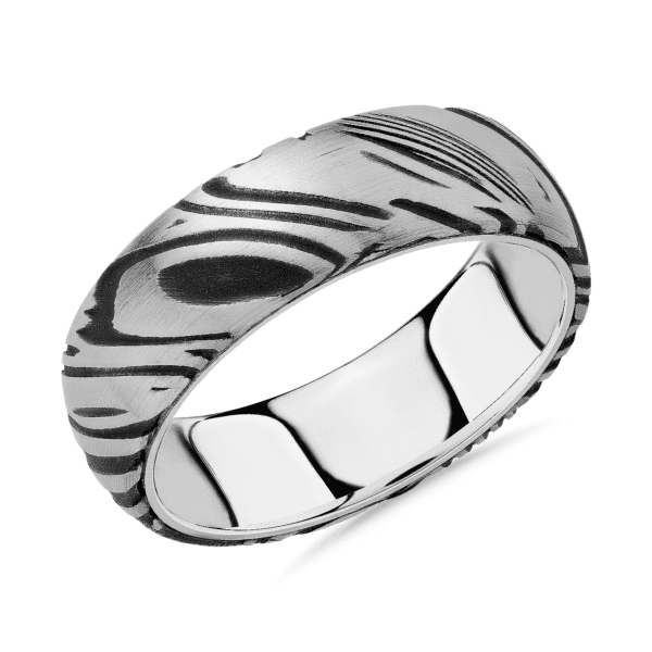 Edge to Edge Damascus Wedding Ring in White Tungsten Carbide (7mm)