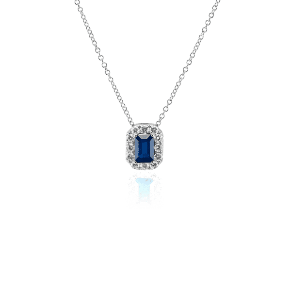 Emerald Cut Sapphire and Diamond Halo Pendant in 14k White Gold (6x4mm)