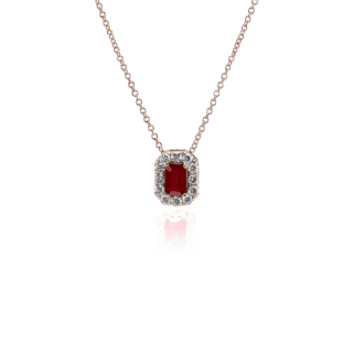 Emerald Cut Ruby and Diamond Halo Pendant in 14k Rose Gold (6x4mm)