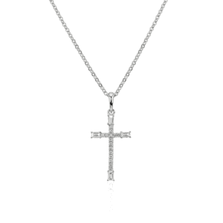 Diamond and Baguette Cross Pendant in 14k White Gold (1/5 ct. tw.)