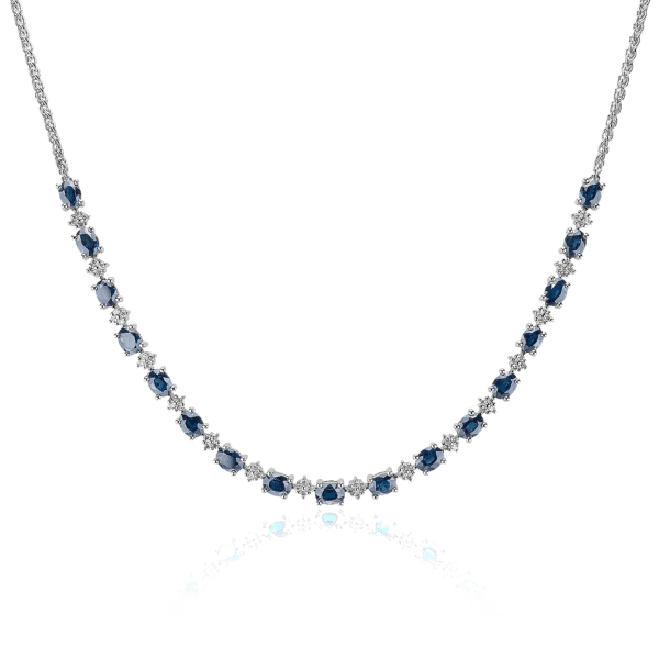 Oval Sapphire and Round Diamond Necklace in 14k White Gold