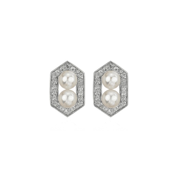 Freshwater Cultured Pearl and White Topaz Hexagon Halo Earrings in Sterling Silver (5-6mm)