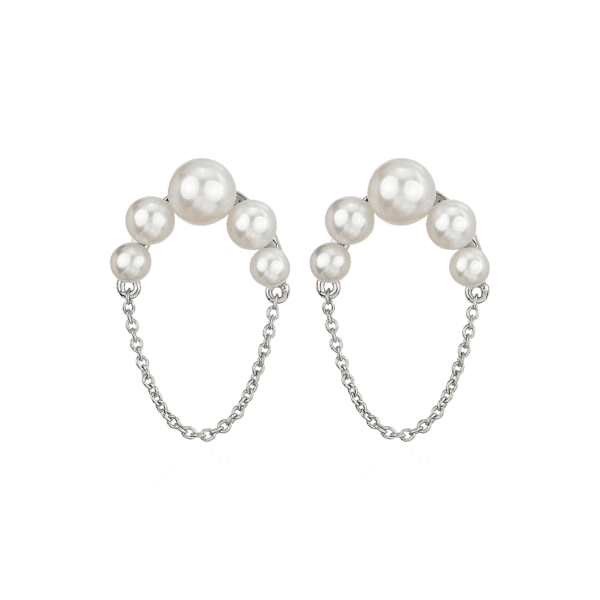 Graduated Freshwater Pearl Stud Earring with Half-Circle Chain in Sterling Silver