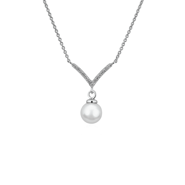 Freshwater Cultured Pearl Chevron Drop Pendant in 14k White Gold (6-7mm)
