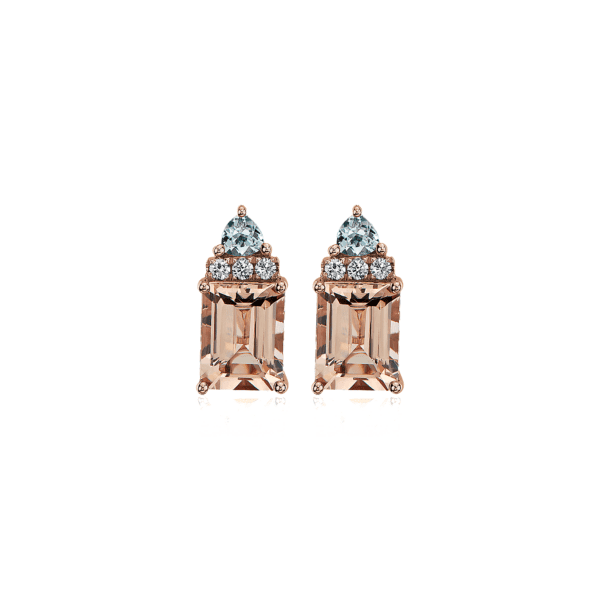 Morganite and Aquamarine Cathedral Stud Earrings in 14k Rose Gold