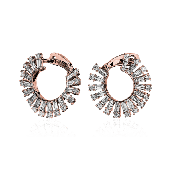 Round and Baguette Diamond Open Sun Fashion Hoop Earrings in 14k Rose Gold (1 1/2 ct. tw.)