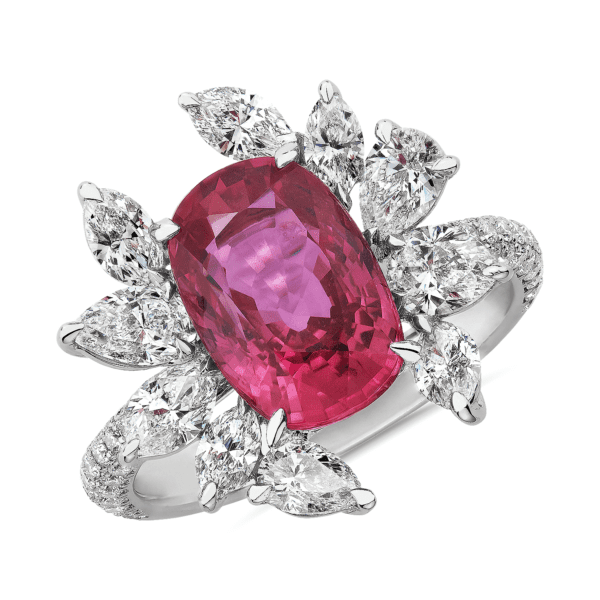 Cushion Cut Ruby and Floral Diamond Ring in 18k White Gold