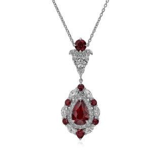 Ruby and Diamond Drop Pendant in 18k White Gold