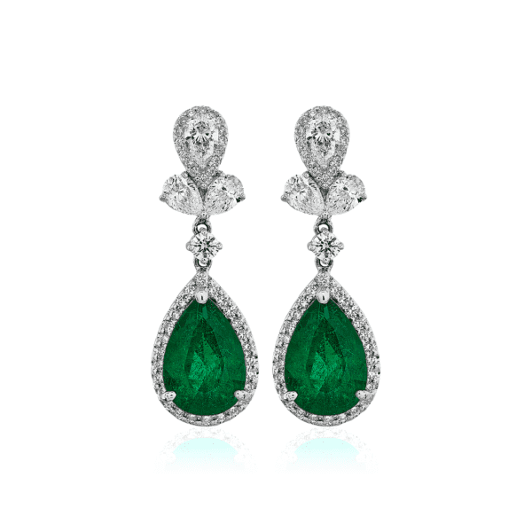 Pear Shape Emerald and Diamond Drop Earrings in 18k White Gold (3.97 ct.tw.)