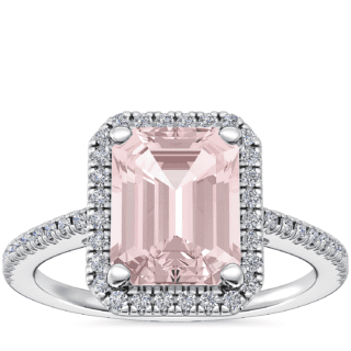 Classic Halo Diamond Engagement Ring with Emerald-Cut Morganite in 14k White Gold (9x7mm)