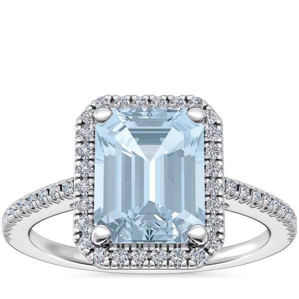 Classic Halo Diamond Engagement Ring with Emerald-Cut Aquamarine in 14k White Gold (9x7mm)