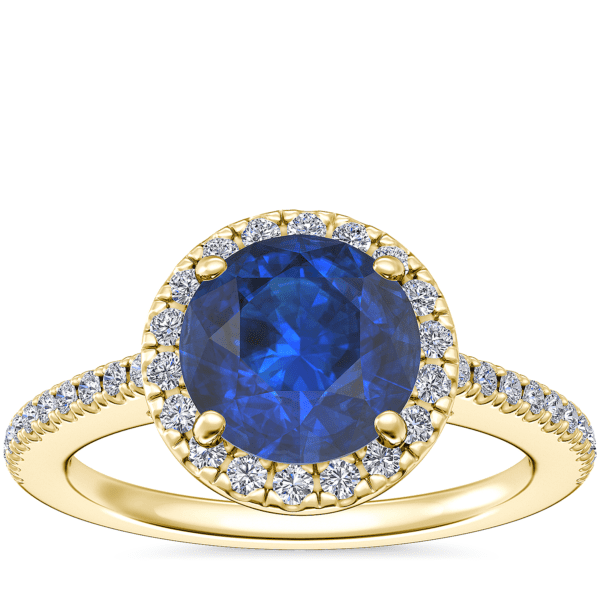 Classic Halo Diamond Engagement Ring with Round Sapphire in 14k Yellow Gold (8mm)