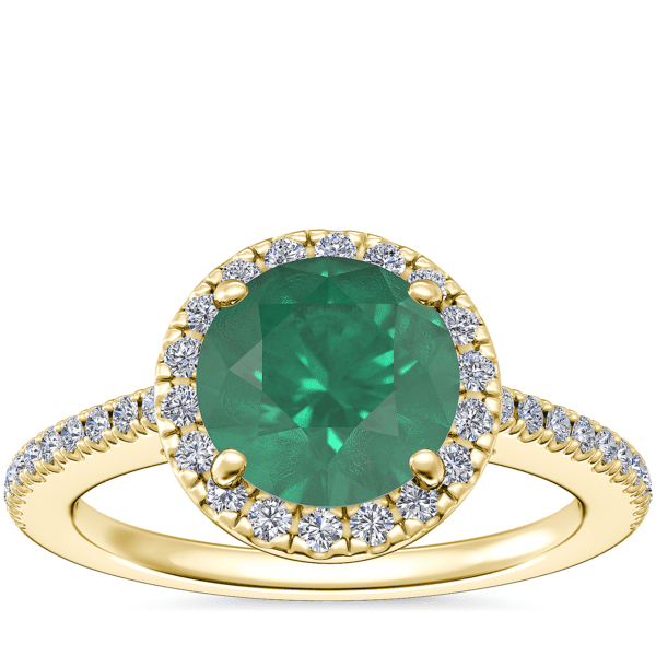 Classic Halo Diamond Engagement Ring with Round Emerald in 14k Yellow Gold (8mm)