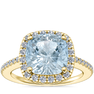 Classic Halo Diamond Engagement Ring with Cushion Aquamarine in 14k Yellow Gold (8mm)