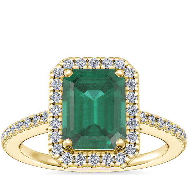 Classic Halo Diamond Engagement Ring with Emerald-Cut Emerald in 14k Yellow Gold (8x6mm)
