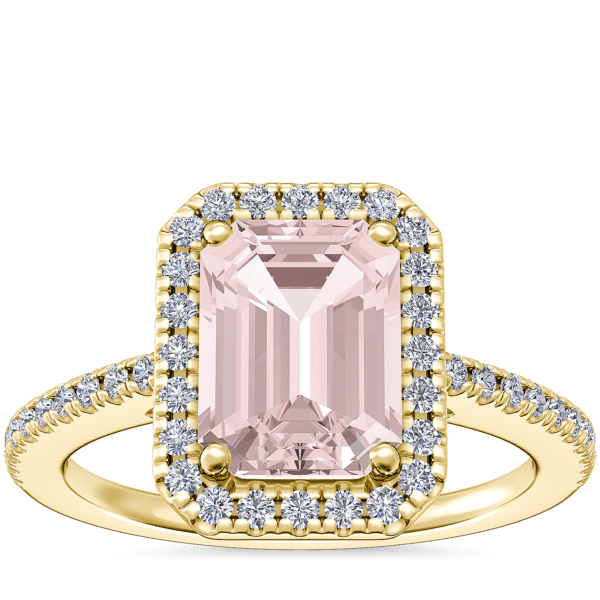 Classic Halo Diamond Engagement Ring with Emerald-Cut Morganite in 14k Yellow Gold (8x6mm)