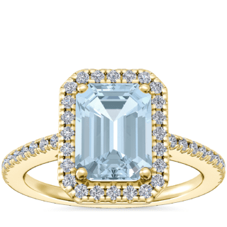 Classic Halo Diamond Engagement Ring with Emerald-Cut Aquamarine in 14k Yellow Gold (8x6mm)