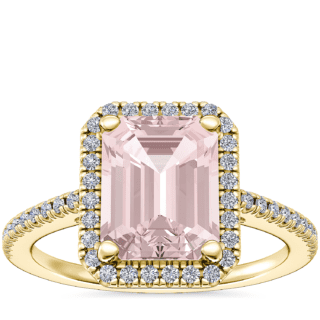Classic Halo Diamond Engagement Ring with Emerald-Cut Morganite in 14k Yellow Gold (9x7mm)