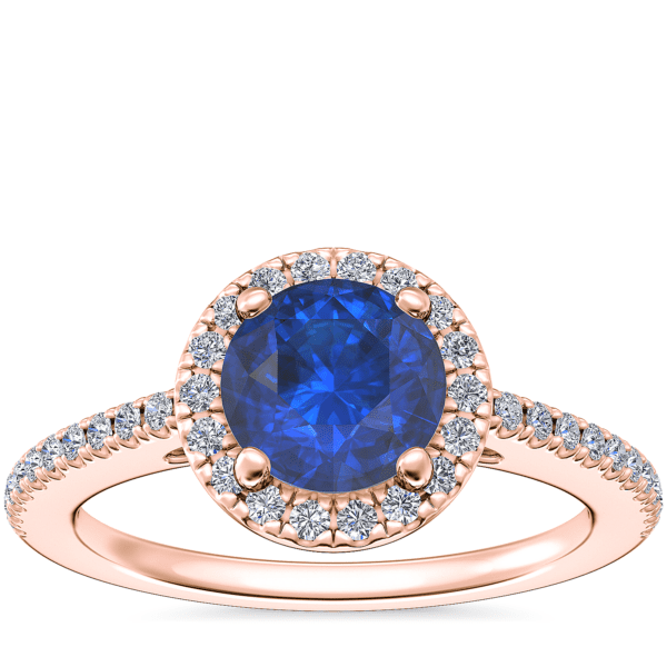 Classic Halo Diamond Engagement Ring with Round Sapphire in 14k Rose Gold (6mm)