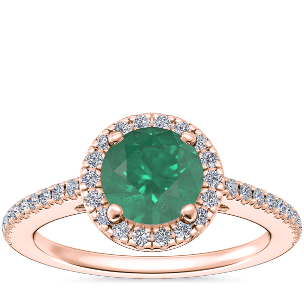 Classic Halo Diamond Engagement Ring with Round Emerald in 14k Rose Gold (6.5mm)