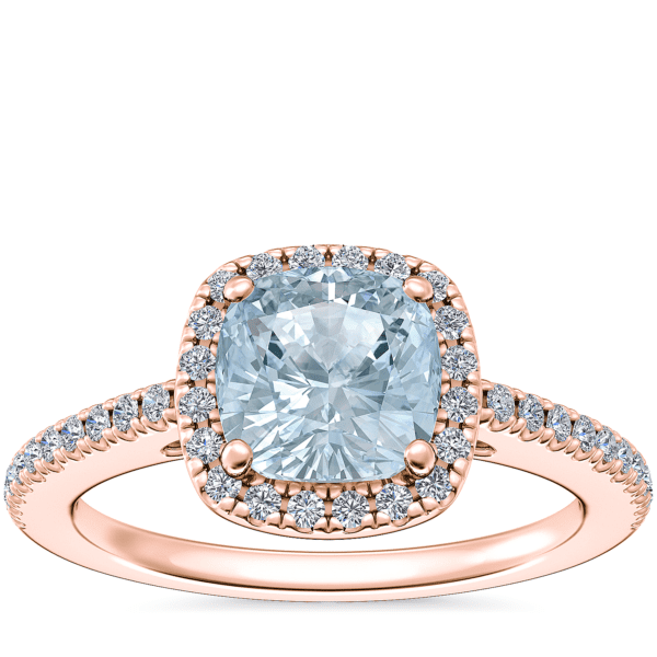 Classic Halo Diamond Engagement Ring with Cushion Aquamarine in 14k Rose Gold (6.5mm)