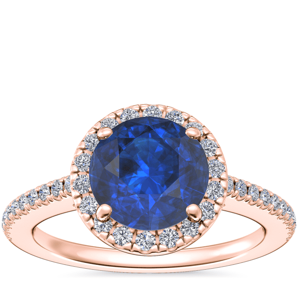 Classic Halo Diamond Engagement Ring with Round Sapphire in 14k Rose Gold (8mm)