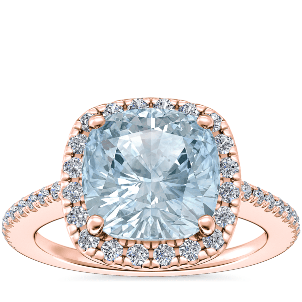 Classic Halo Diamond Engagement Ring with Cushion Aquamarine in 14k Rose Gold (8mm)