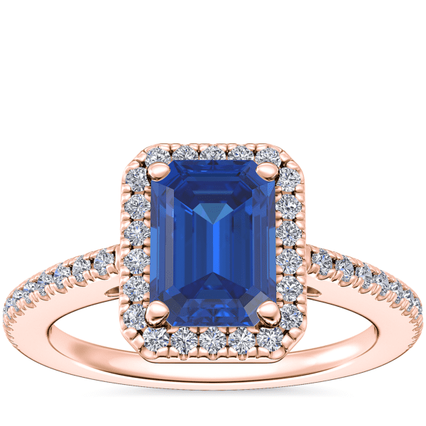Classic Halo Diamond Engagement Ring with Emerald-Cut Sapphire in 14k Rose Gold (7x5mm)