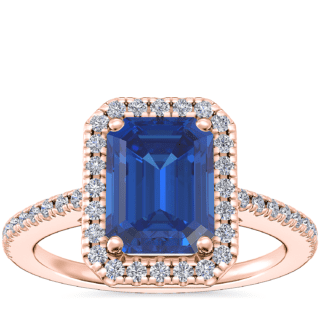 Classic Halo Diamond Engagement Ring with Emerald-Cut Sapphire in 14k Rose Gold (8x6mm)
