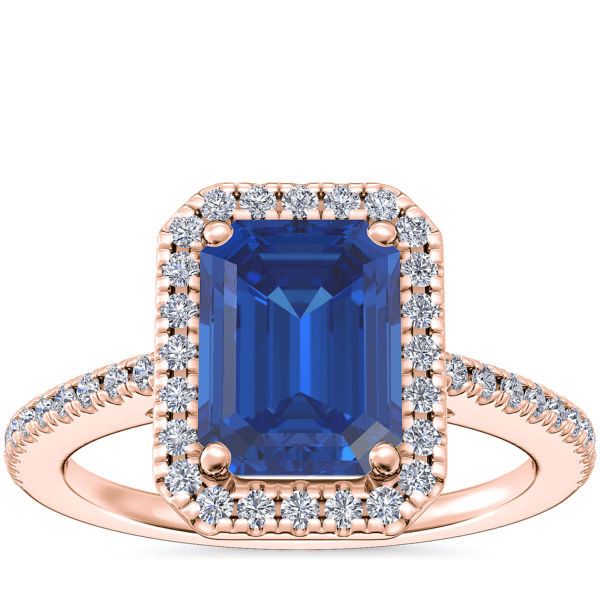 Classic Halo Diamond Engagement Ring with Emerald-Cut Sapphire in 14k Rose Gold (8x6mm)