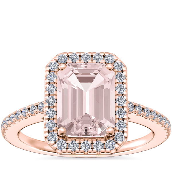 Classic Halo Diamond Engagement Ring with Emerald-Cut Morganite in 14k Rose Gold (8x6mm)