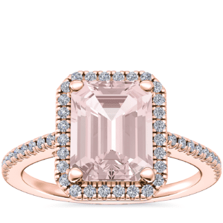 Classic Halo Diamond Engagement Ring with Emerald-Cut Morganite in 14k Rose Gold (9x7mm)