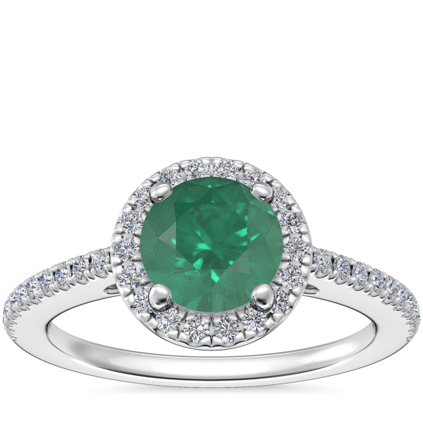 Classic Halo Diamond Engagement Ring with Round Emerald in Platinum (6.5mm)