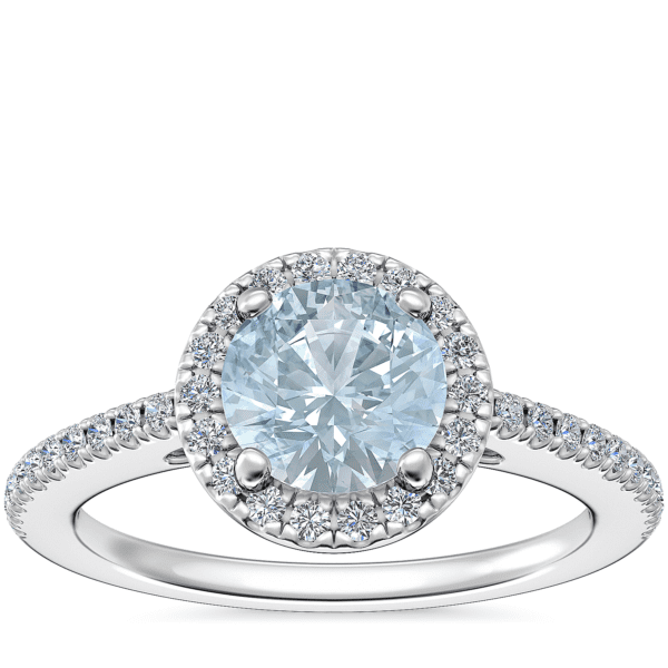 Classic Halo Diamond Engagement Ring with Round Aquamarine in Platinum (6.5mm)