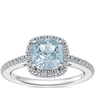 Classic Halo Diamond Engagement Ring with Cushion Aquamarine in Platinum (6.5mm)