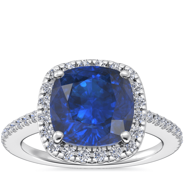 Classic Halo Diamond Engagement Ring with Cushion Sapphire in Platinum (8mm)