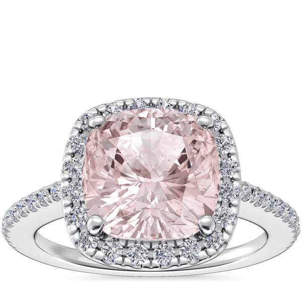 Classic Halo Diamond Engagement Ring with Cushion Morganite in Platinum (8mm)