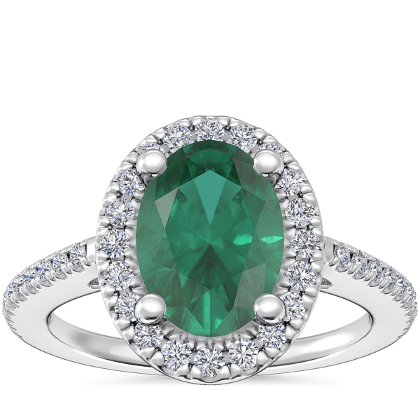 Classic Halo Diamond Engagement Ring with Oval Emerald in Platinum (7x5mm)
