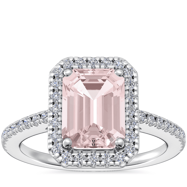 Classic Halo Diamond Engagement Ring with Emerald-Cut Morganite in Platinum (8x6mm)