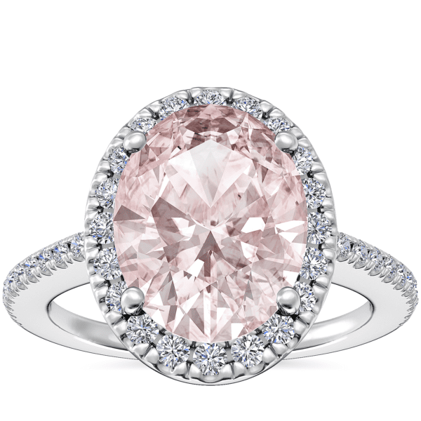 Classic Halo Diamond Engagement Ring with Oval Morganite in Platinum (9x7mm)