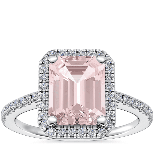 Classic Halo Diamond Engagement Ring with Emerald-Cut Morganite in Platinum (9x7mm)