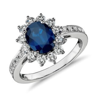 Oval Sapphire and Diamond Halo Ring in 18k White Gold (8x6mm)