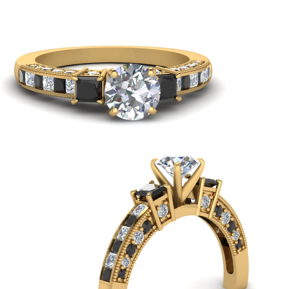 round cut channel set 3 accent engagement ring with black diamond in yellow gold FDENS1186RORGBLACKANGLE3 NL YG 1